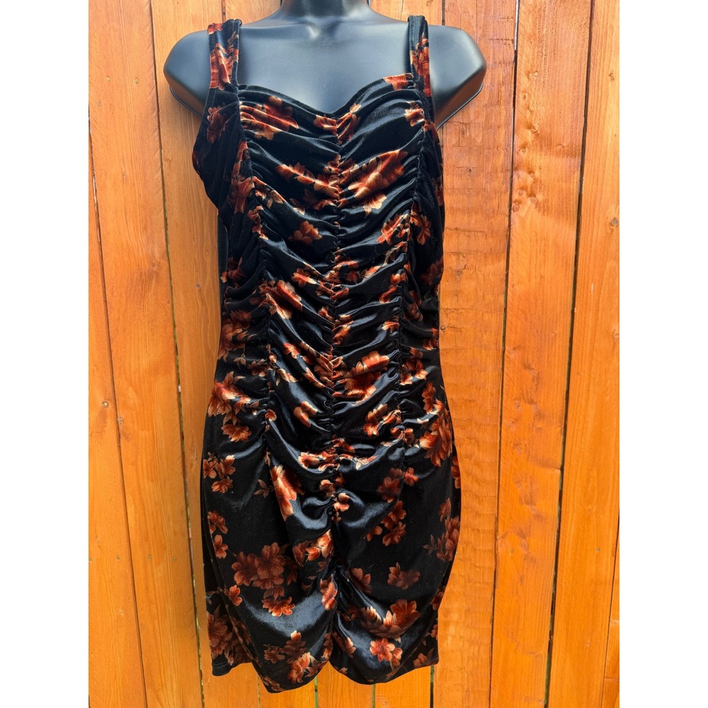 Free Press Clothing Black Orange Floral Velvet Ruched Bodycon Mini Dress Large